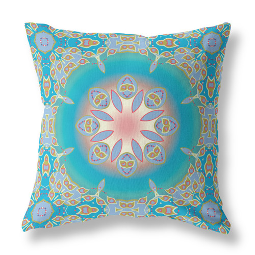 18" X 18" Blue And Green Geometric Blown Seam Suede Throw Pillow