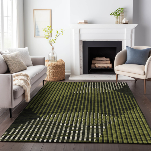 3' X 5' Olive Green And Black Geometric Washable Indoor Outdoor Area Rug