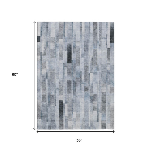 3' X 5' Blue And Gray Striped Washable Indoor Outdoor Area Rug
