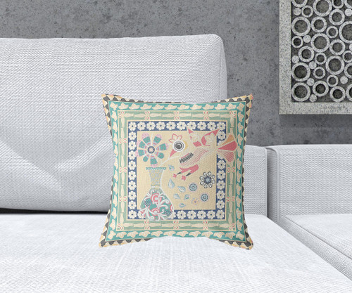 16" x 16" Beige Peacock Blown Seam Floral Indoor Outdoor Throw Pillow Home Accent