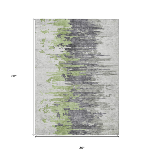 3' X 5' Green And Silver Abstract Washable Indoor Outdoor Area Rug