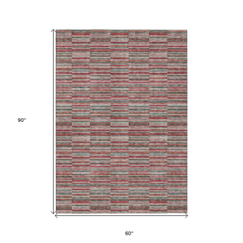 5' X 8' Red Beige And Copper Striped Washable Indoor Outdoor Area Rug