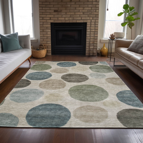 5' X 8' Khaki Fern Green And Teal Blue Geometric Washable Indoor Outdoor Area Rug