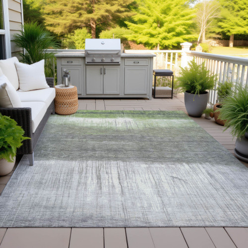 5' X 8' Fern Green And Gray Abstract Washable Indoor Outdoor Area Rug