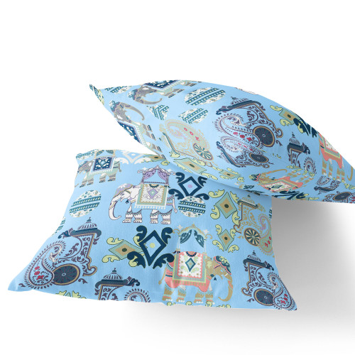 Set of Two 16" X 16" Blue and White Elephant Blown Seam Eclectic Indoor Outdoor Throw Pillow Polyester