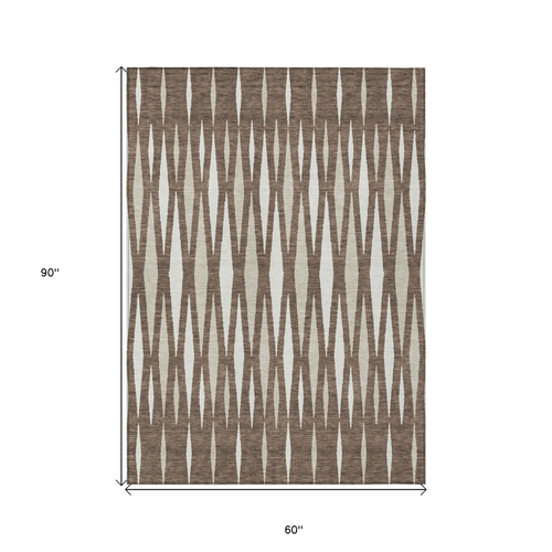 5' X 8' Brown And Ivory Geometric Washable Indoor Outdoor Area Rug