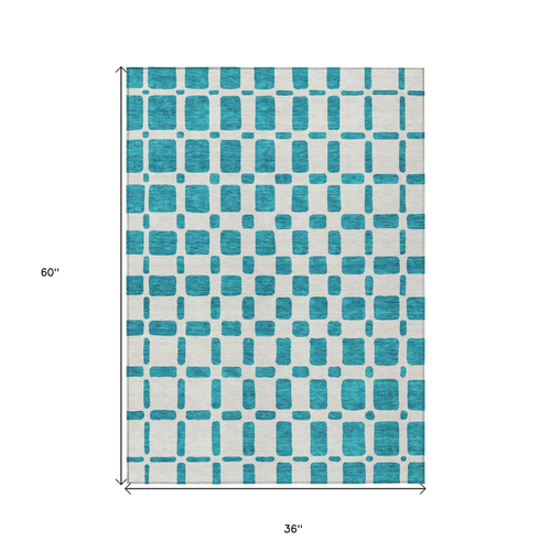 3' X 5' Teal Blue And Ivory Geometric Washable Indoor Outdoor Area Rug