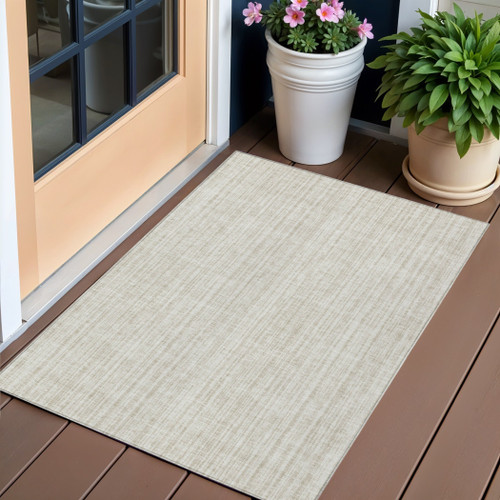 3' X 5' Ivory And Beige Striped Washable Indoor Outdoor Area Rug