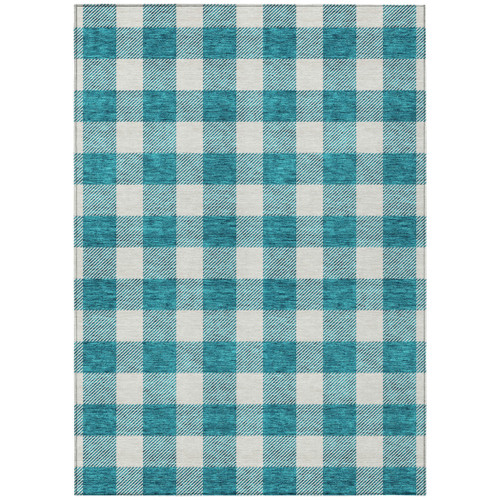 5' X 8' Teal Blue And Gray Plaid Washable Indoor Outdoor Area Rug