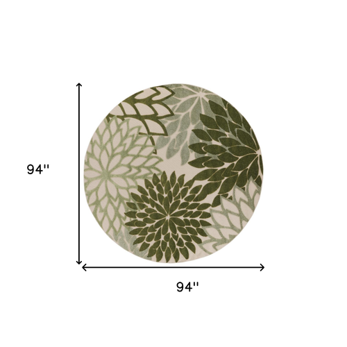 8' Ivory And Green Round Floral Indoor Outdoor Area Rug