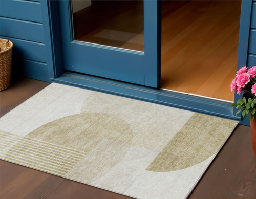 3' X 5' Brown Beige And Ivory Geometric Washable Indoor Outdoor Area Rug