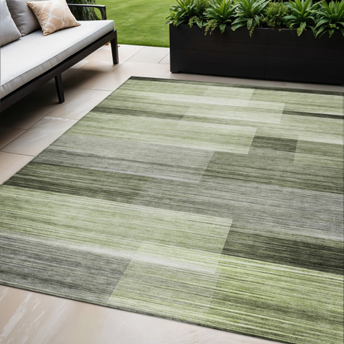 5' X 8' Green And Ivory Striped Washable Indoor Outdoor Area Rug