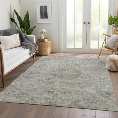 5' X 8' Pewter And Beige Floral Washable Indoor Outdoor Area Rug