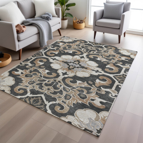 5' X 8' Charcoal And Taupe Damask Washable Indoor Outdoor Area Rug