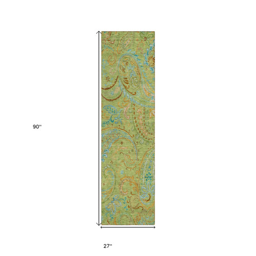 2' X 8' Artichoke Green Paisley Washable Indoor Outdoor Runner Rug