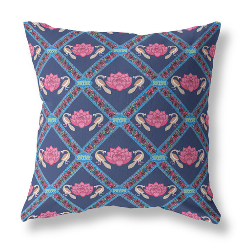 20" X 20" Indigo Pink Lotus Floral Blown Seam Suede Throw Pillow
