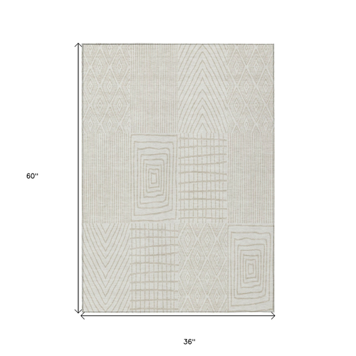 3' X 5' Ivory And Beige Geometric Washable Indoor Outdoor Area Rug
