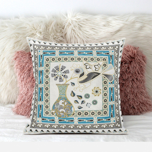 26" x 26" Off White Peacock Blown Seam Floral Indoor Outdoor Throw Pillow Home Accent