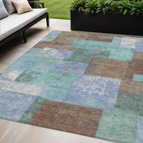 5' X 8' Brown Teal Blue And Ivory Geometric Washable Indoor Outdoor Area Rug - Brown, Teal Blue, Ivory