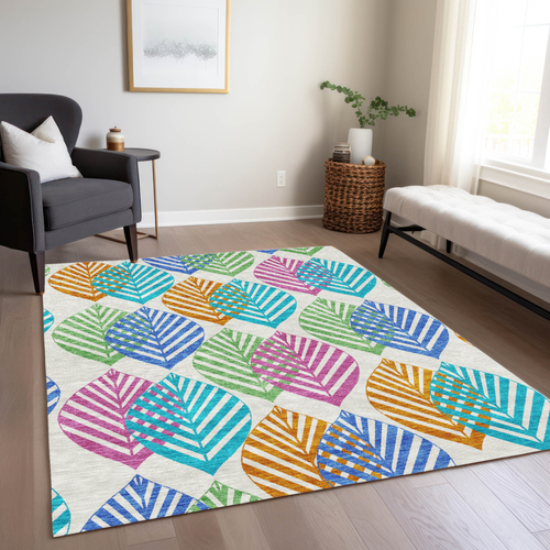 5' X 8' White Orange And Blue Floral Washable Indoor Outdoor Area Rug