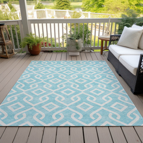 3' X 5' Aqua And Ivory Geometric Washable Indoor Outdoor Area Rug