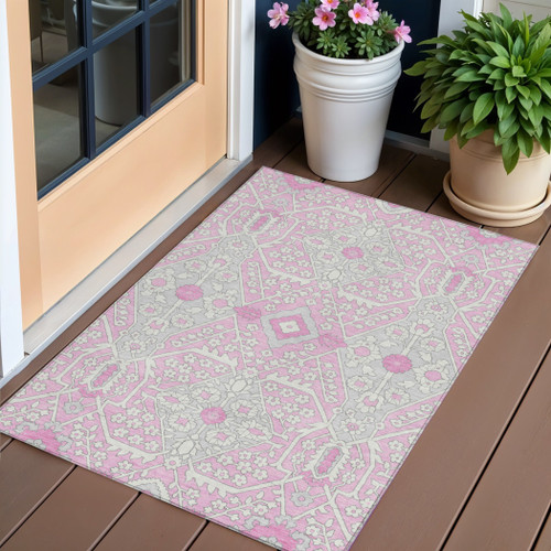 3' X 5' Pink Ivory And Gray Floral Washable Indoor Outdoor Area Rug