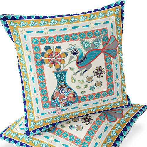 Set of Two 16" X 16" Blue and Gold Peacock Blown Seam Floral Indoor Outdoor Throw Pillow Polyester Home Accent