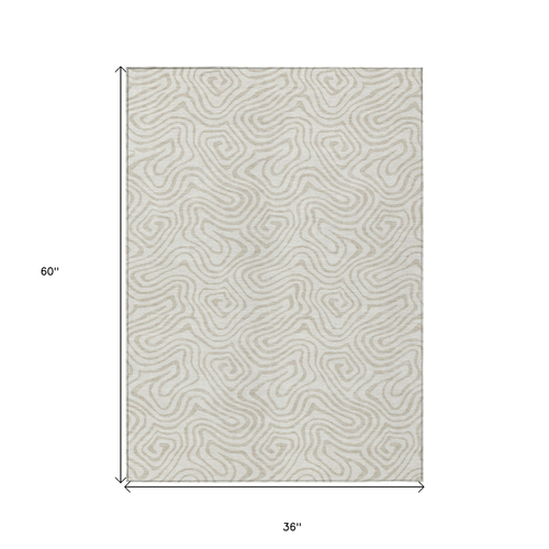 3' X 5' Ivory And Beige Abstract Washable Indoor Outdoor Area Rug