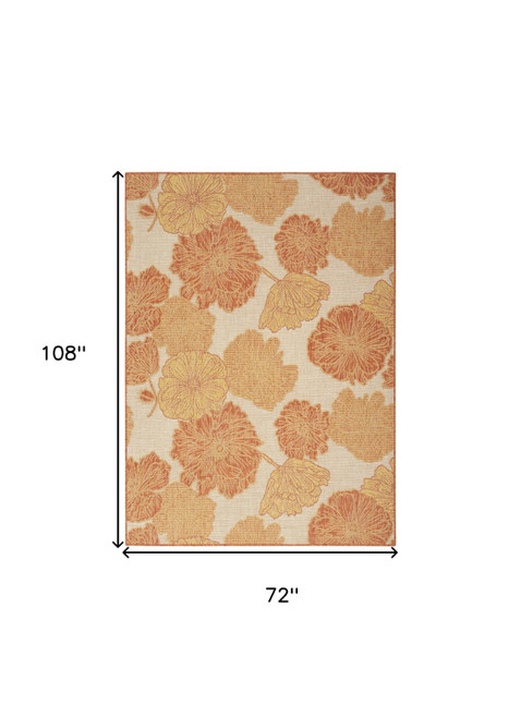 6' X 9' Orange And Ivory Floral Indoor Outdoor Area Rug