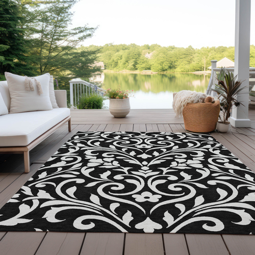 5' X 8' Black And Ivory Floral Washable Indoor Outdoor Area Rug