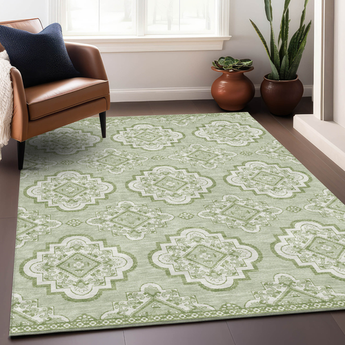 3' X 5' Artichoke Green And Ivory Medallion Washable Indoor Outdoor Area Rug