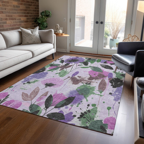 3' X 5' Lavender And Artichoke Green Floral Washable Indoor Outdoor Area Rug