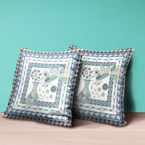 18" x 18" Blue and White Bird Blown Seam Floral Indoor Outdoor Throw Pillow Decor