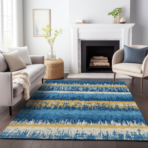 3' X 5' Navy Blue Gold And Ivory Striped Washable Indoor Outdoor Area Rug