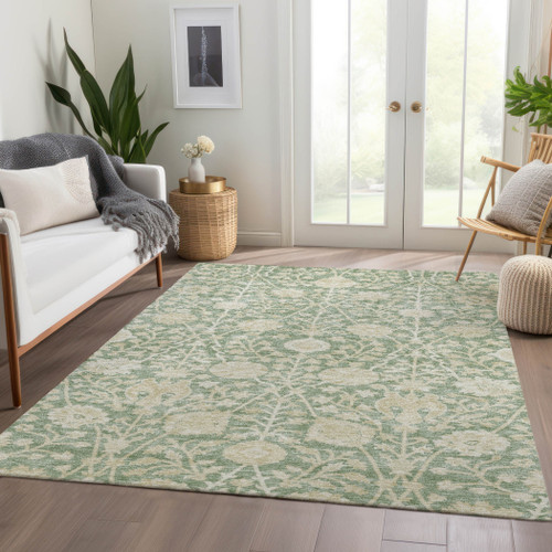 3' X 5' Artichoke Green And Beige Floral Washable Indoor Outdoor Area Rug