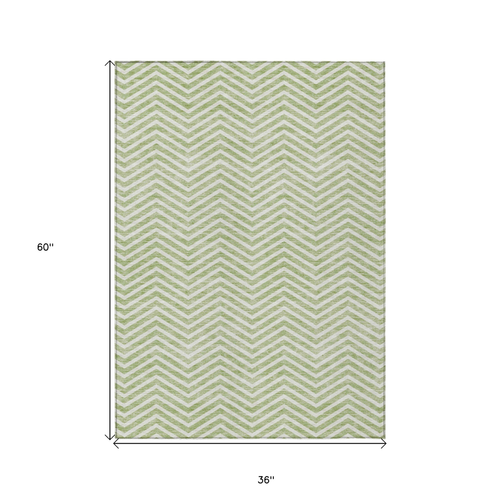 3' X 5' Artichoke Green And Ivory Chevron Washable Indoor Outdoor Area Rug