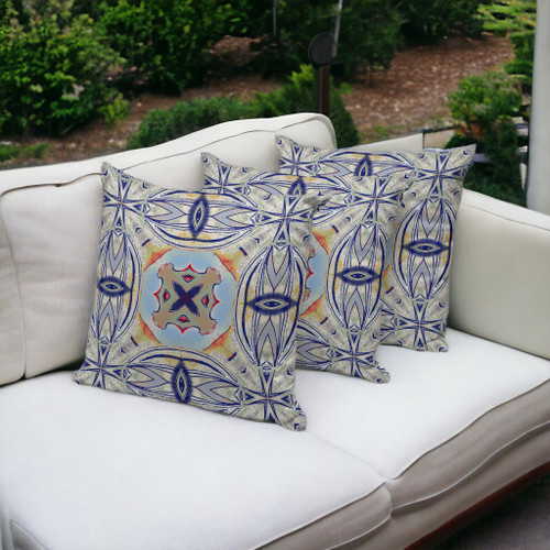Set of Three 16" X 16" Blue and Green Blown Seam Floral Indoor Outdoor Throw Pillow Polyester