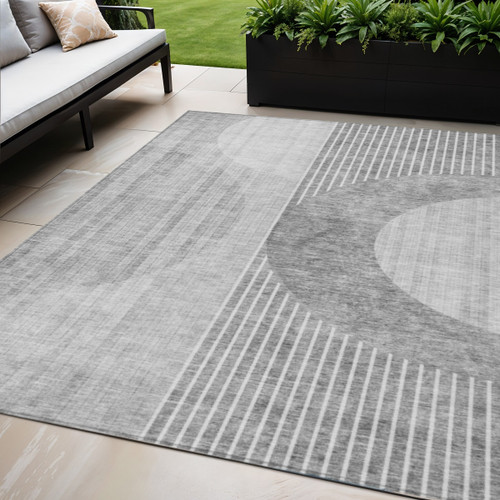 5' X 8' Gray Silver And Charcoal Geometric Washable Indoor Outdoor Area Rug