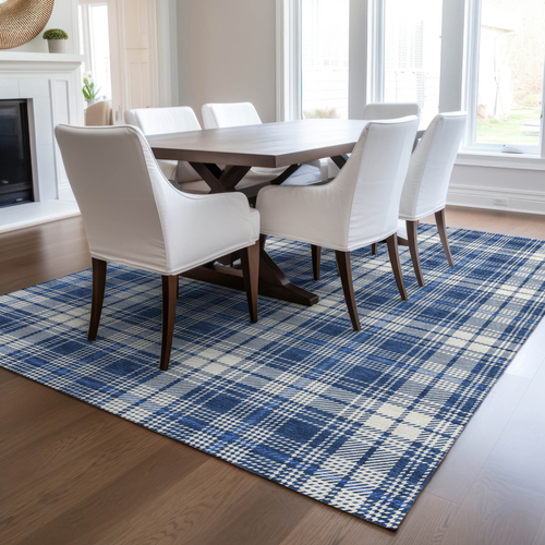 5' X 8' Navy Blue And Ivory Plaid Washable Indoor Outdoor Area Rug