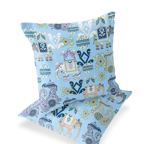 Set of Two 18" Blue Elephant Abstract Indoor Outdoor Throw Pillow Cover and Insert Polyester Decor