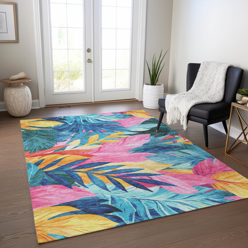 5' X 8' Sky Blue And Pink Floral Washable Indoor Outdoor Area Rug