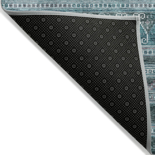 5' X 8' Teal Blue Ivory And Gray Southwestern Washable Indoor Outdoor Area Rug