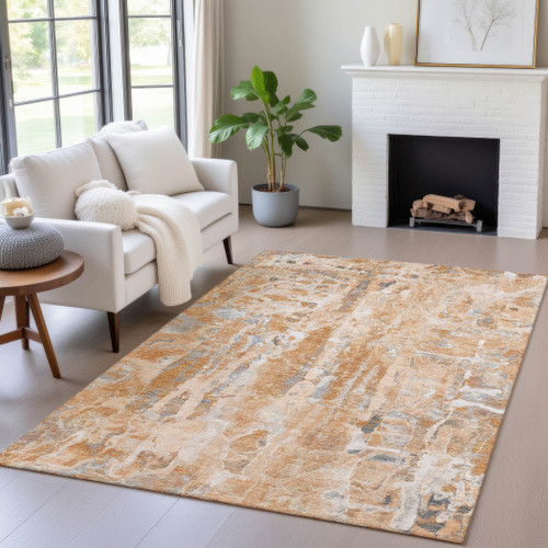 5' X 8' Orange And Gray Abstract Washable Indoor Outdoor Area Rug - Orange, Gray