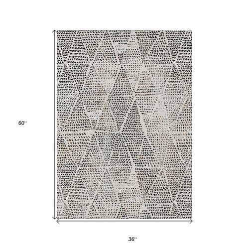 3' X 5' Ivory Charcoal And Beige Geometric Washable Indoor Outdoor Area Rug