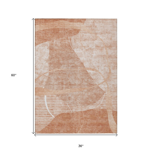 3' X 5' Salmon Copper And Ivory Abstract Washable Indoor Outdoor Area Rug