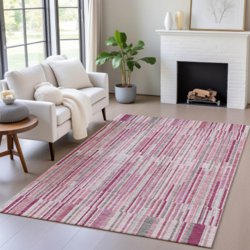 5' X 8' Blush And Ivory Striped Washable Indoor Outdoor Area Rug