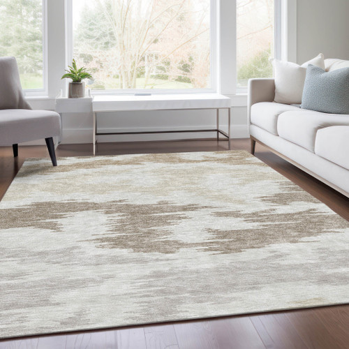 5' X 8' Ivory Beige And Brown Abstract Washable Indoor Outdoor Area Rug