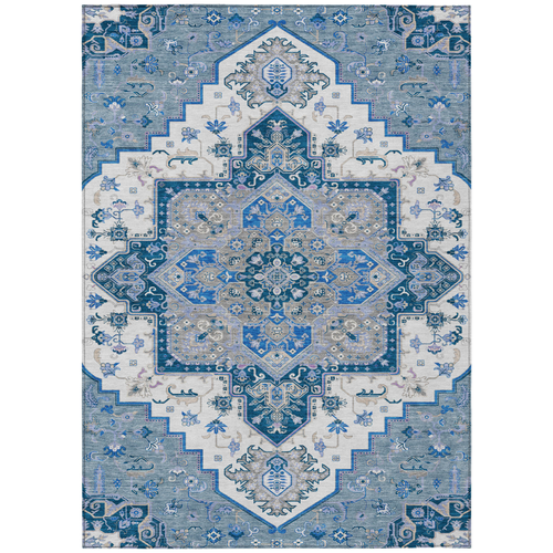 5' X 8' Blue Gray And Ivory Oriental Washable Indoor Outdoor Area Rug
