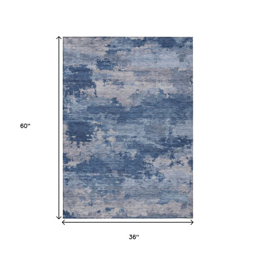 3' X 5' Navy Blue And Ivory Abstract Washable Indoor Outdoor Area Rug - Navy Blue, Ivory