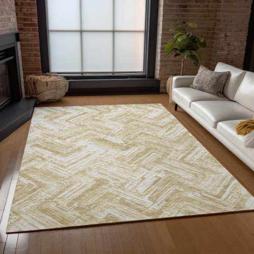 5' X 8' Beige Tan And Ivory Geometric Washable Indoor Outdoor Area Rug